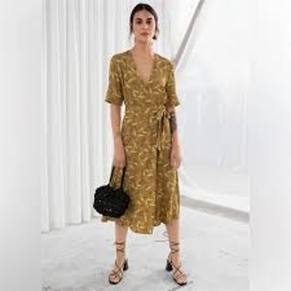 & Other Stories Novelty Wheat Print Midi Dress Faux Wrap Brown Belted Women 6